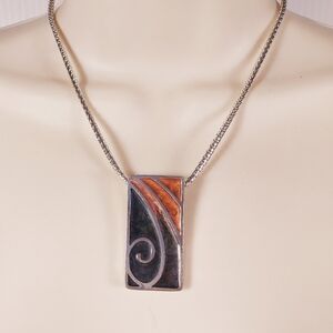 Chico's Silver Tone Orange Black Pendant Necklace Rectangle
